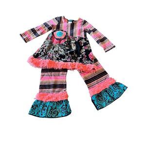 Zaza Couture Girls Stripe Floral Dress Bell Pants Outfit Set Pink Black Size 4